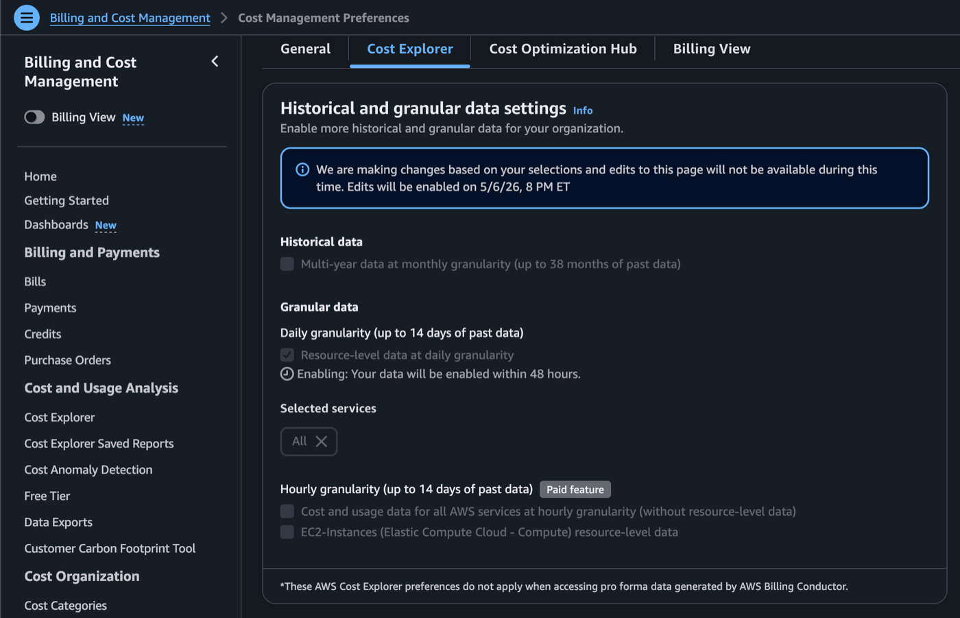 AWS Cost Management settings panel after enabling resource-level data at daily granularity.